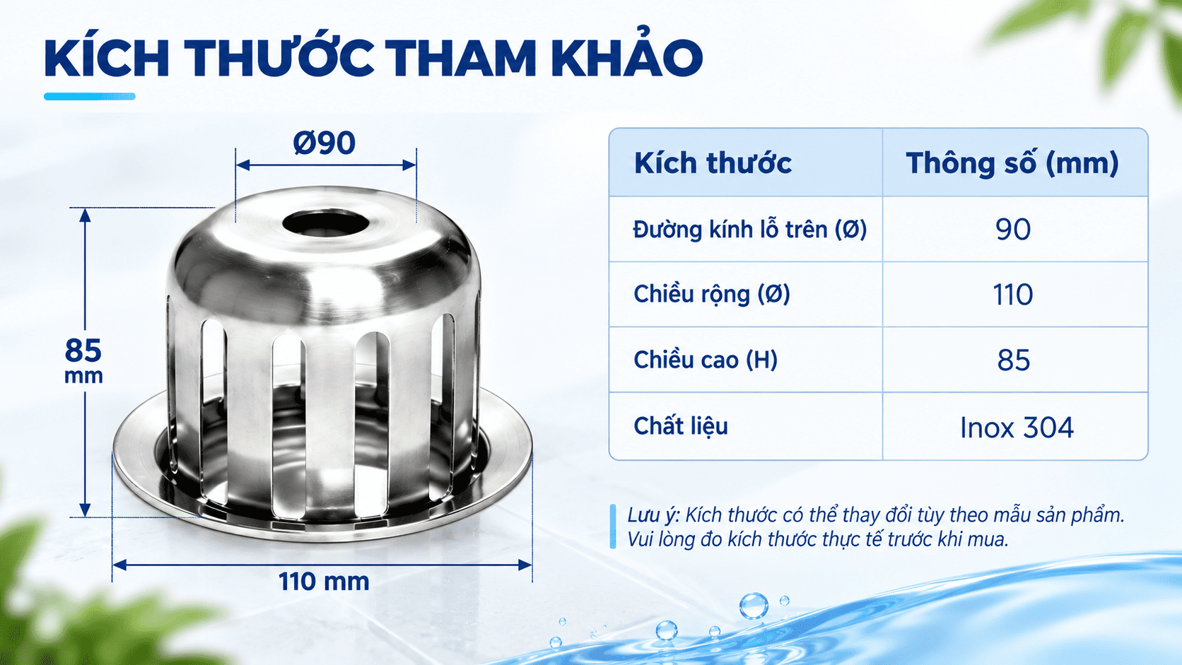 kích thước cầu chắn rác phi 90 