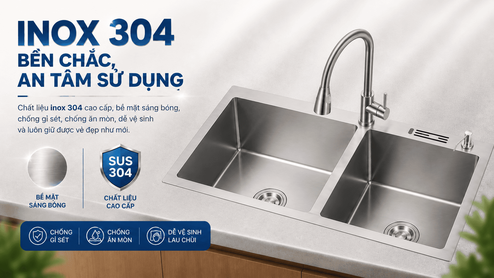 chậu rửa chén inox 304 bền chắc an tâm sử dụng